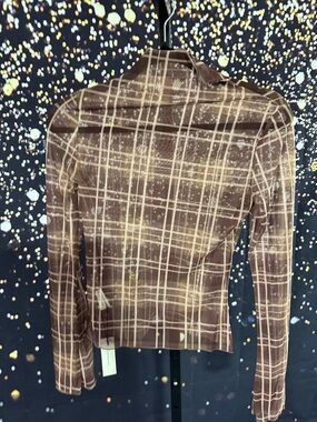 Commense Brown Plaid Long-Sleeve Sheer Top NWT